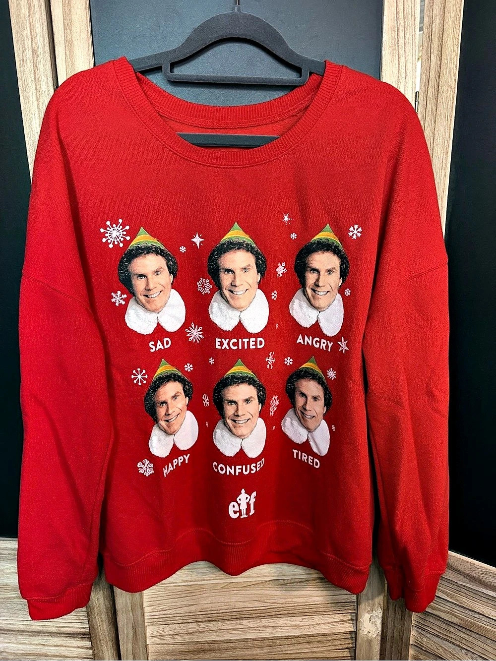 Elf Buddy the Elf Emotions Crewneck Sweatshirt Red Juniors XL